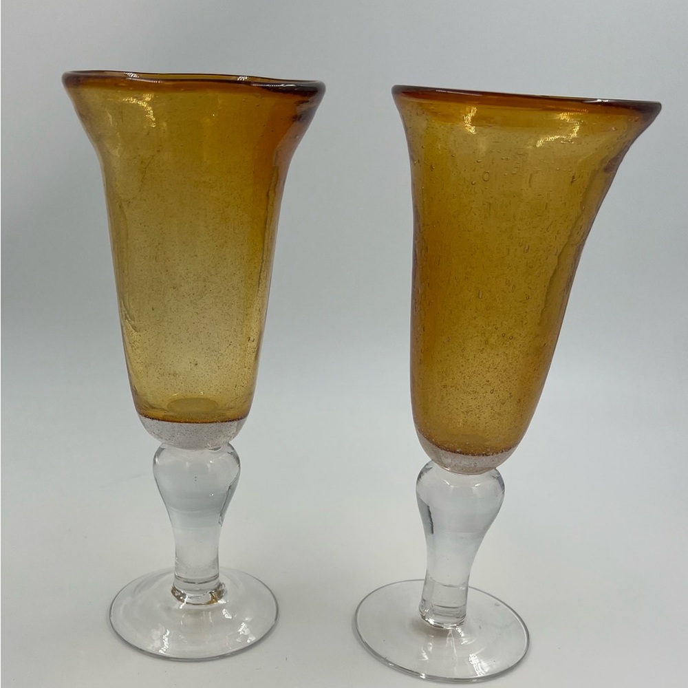 Artland Iris Amber Bubble Glass Fluted Champagne Glasses 8.5" Goblet Set Of 2